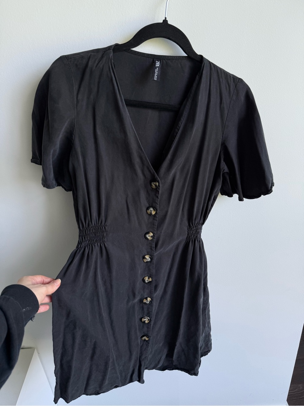 Black Button-Front Short Sleeve Dress